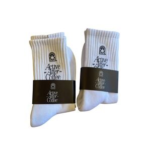 Active After Coffee White Crew Socks 2 Pack Graphic‎ Logo Athletic Ribbed Socks